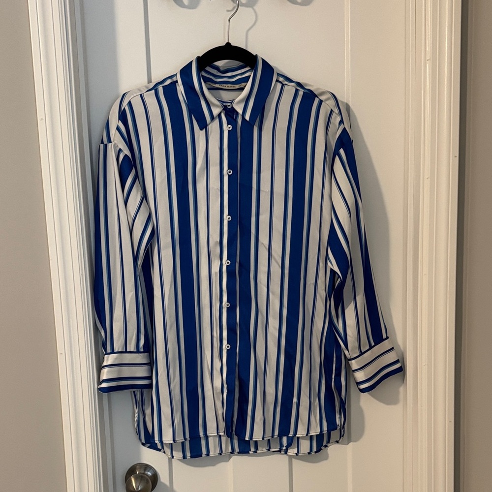 Zara sateen blend  blue and White Striped Woman’s Shirt
New without tags